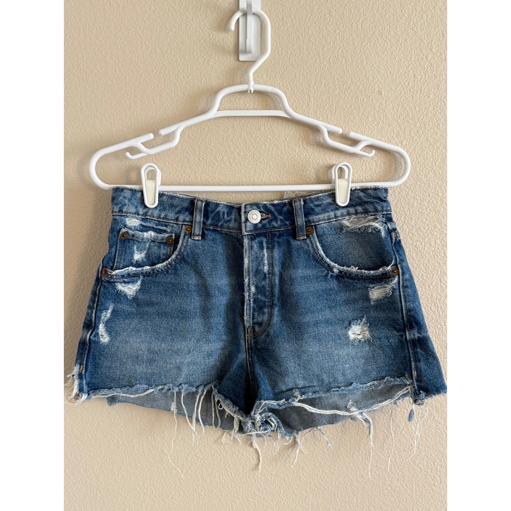 Zara Womens High Waisted Distressed Denim Shorts Blue Button Fly Size 4